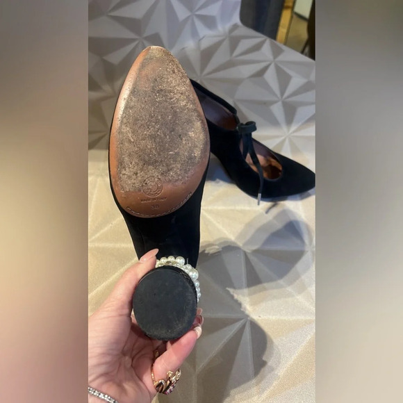 Dries Van Noten Black Velvet Heels with Pearl Detail - Picture 6 of 10